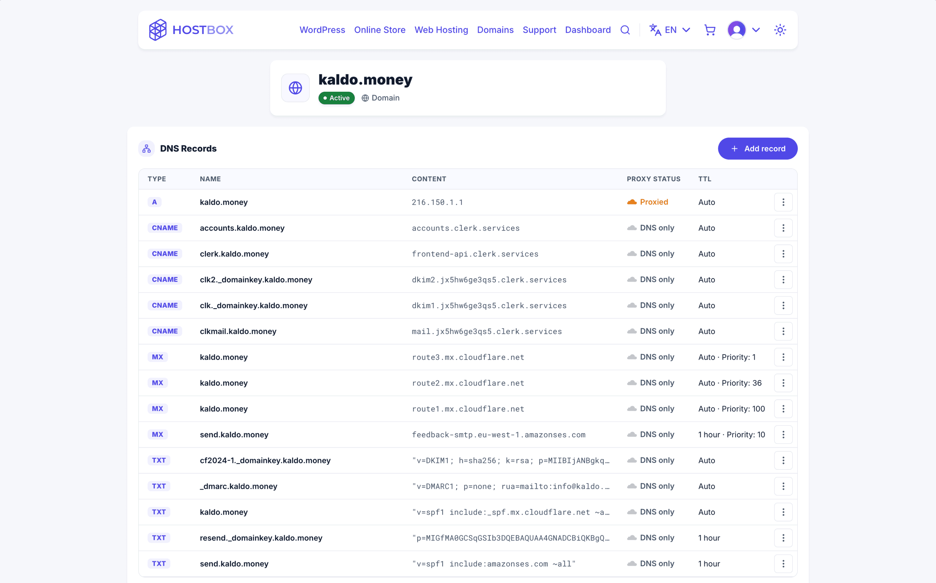 Hostbox DNS Records dashboard in light mode, editing a connected Cloudflare zone through the one-click integration