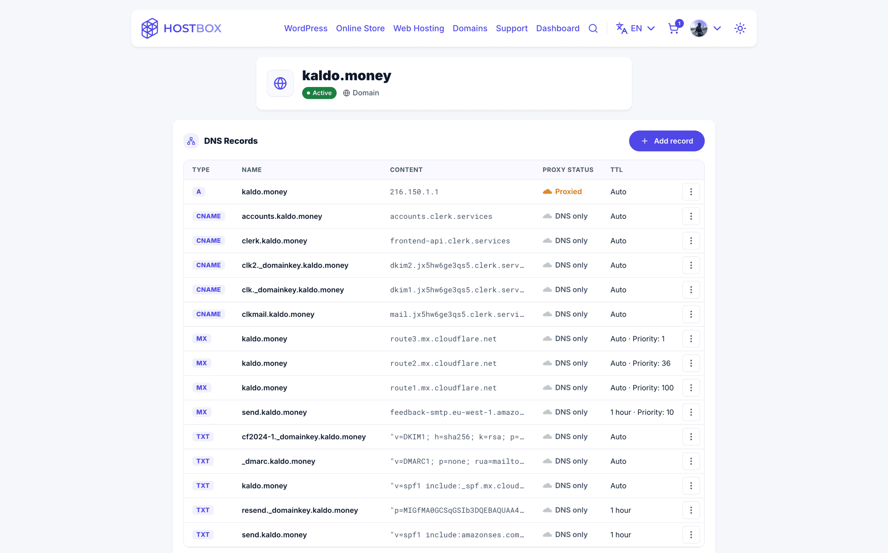 Hostbox DNS Records dashboard in light mode, managing records for a domain through the Cloudflare integration